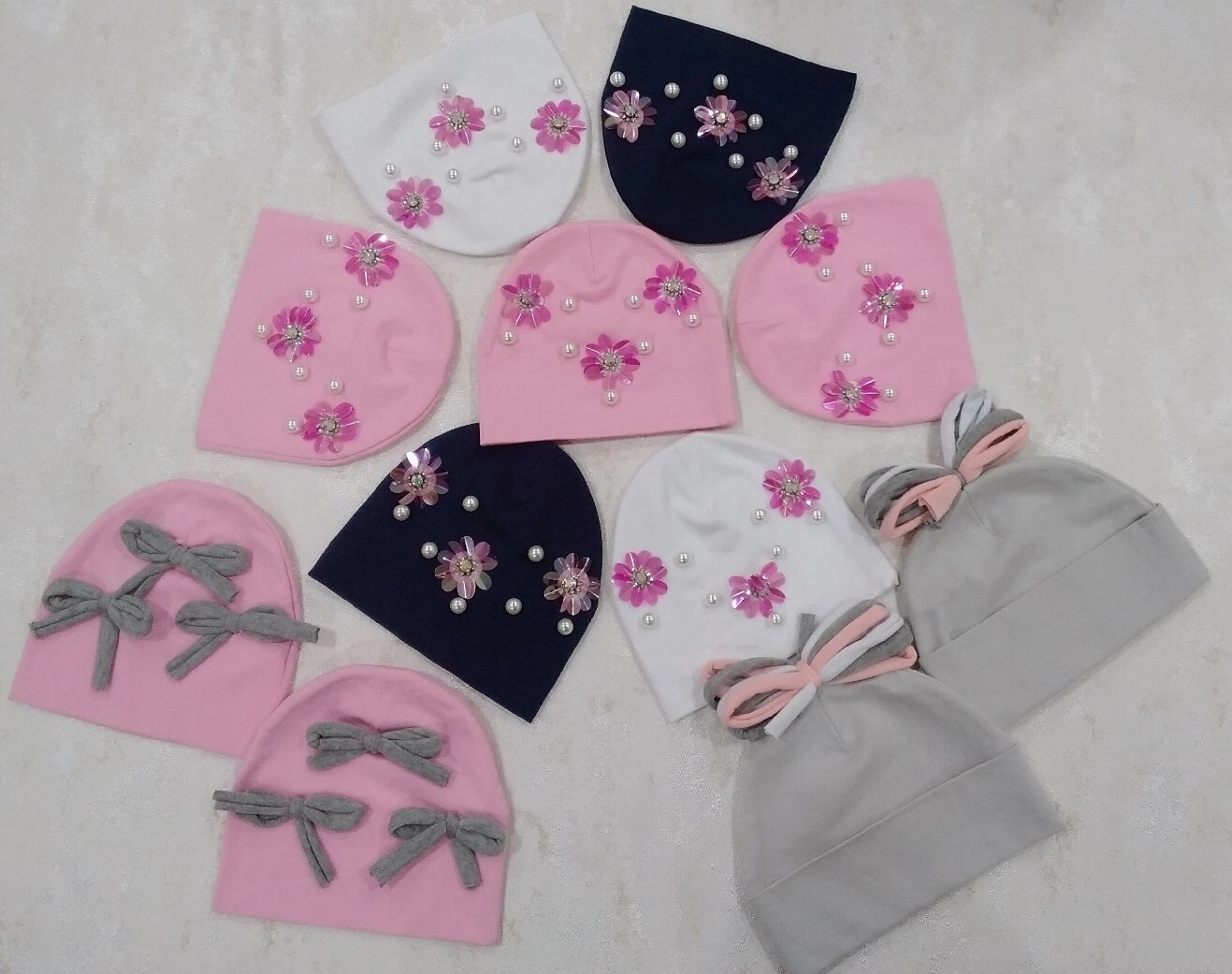 Wholesale Joblot x11 Baby Girl Newborn Cotton Embellished Hats Pink Pearl's Bows