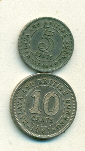 2 DIFFERENT COINS from MALAYA & BRITISH BORNEO - 5 & 10 CENTS (BOTH DATING 1961)