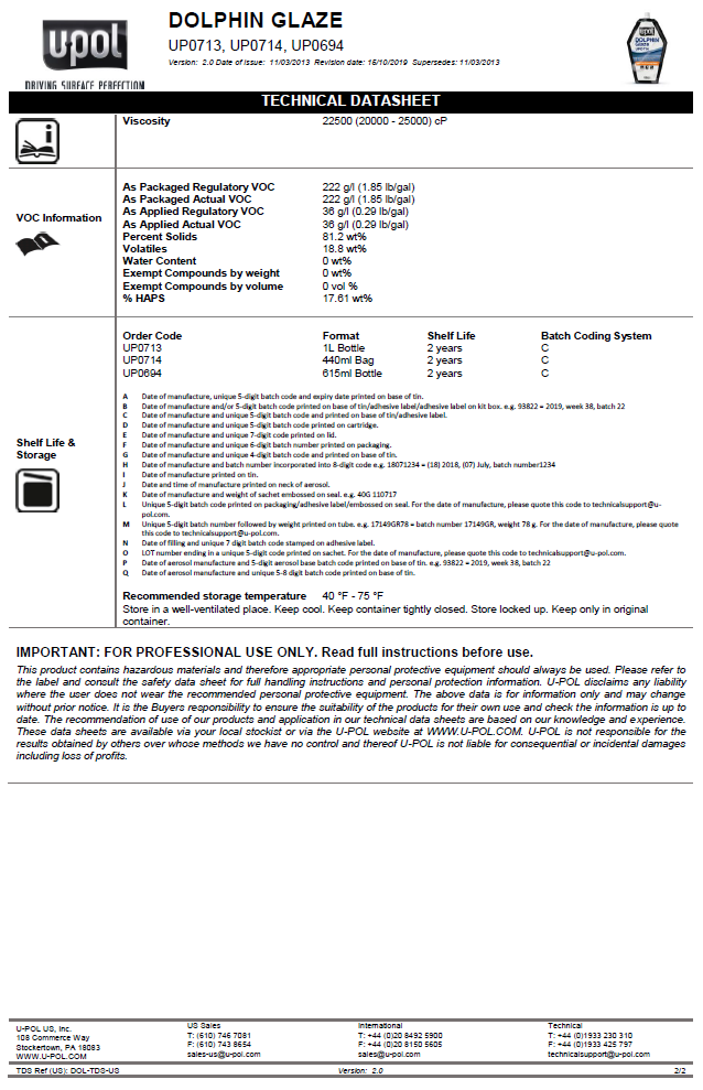 U-POL DOLPHIN GLAZE 440ML + BPO HARDENER BAGDOL/1 FILLER STOPPER NEW ...