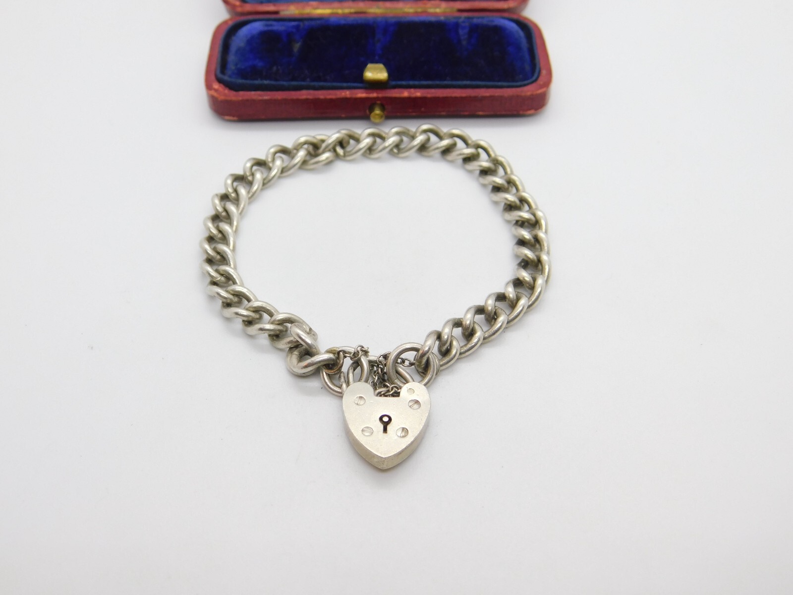 Sterling Silver Curb Link Charm Bracelet with Heart Lock Clasp Vintage