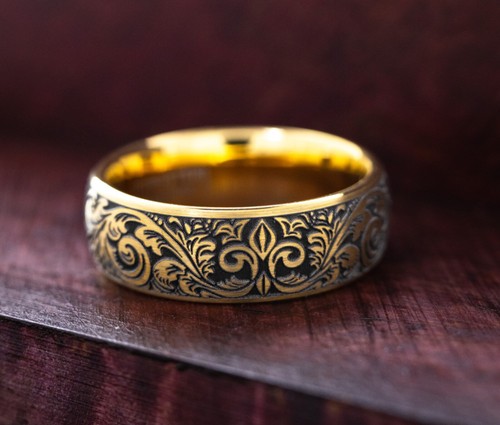 8mm Custom Deep Engraved Tungsten Ring with Victorian Style Floral Engravings - Picture 5 of 8