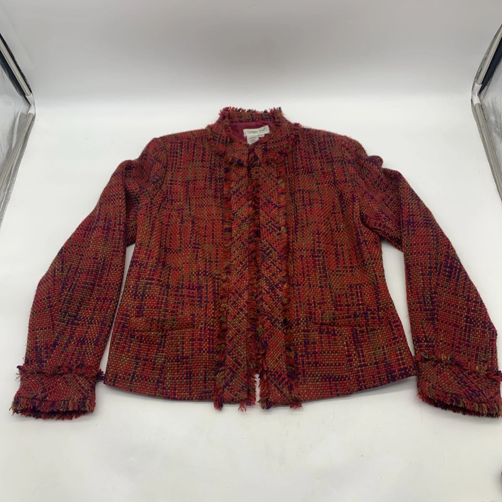 CHANEL Giacca blazer Coldwa Creek tweed donna M ritagliata aperta foderata davanti frange