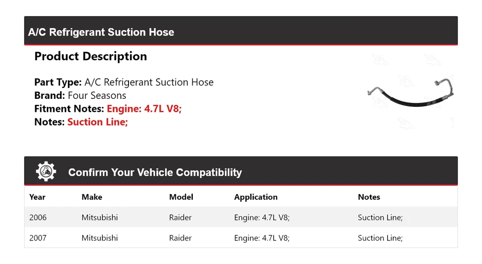 Manguera de succión de refrigerante aire acondicionado V8 4 estaciones para Mitsubishi Raider 2006-2007 Foto 2 de 4