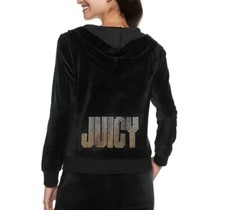 Juicy Couture Velour Track Jacket Women's Size Large Full Zip Hoodie Black