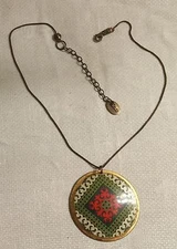 ZAD Brasstone Metal Orange Green White Enameled Disk Pendant 18.5" Necklace 