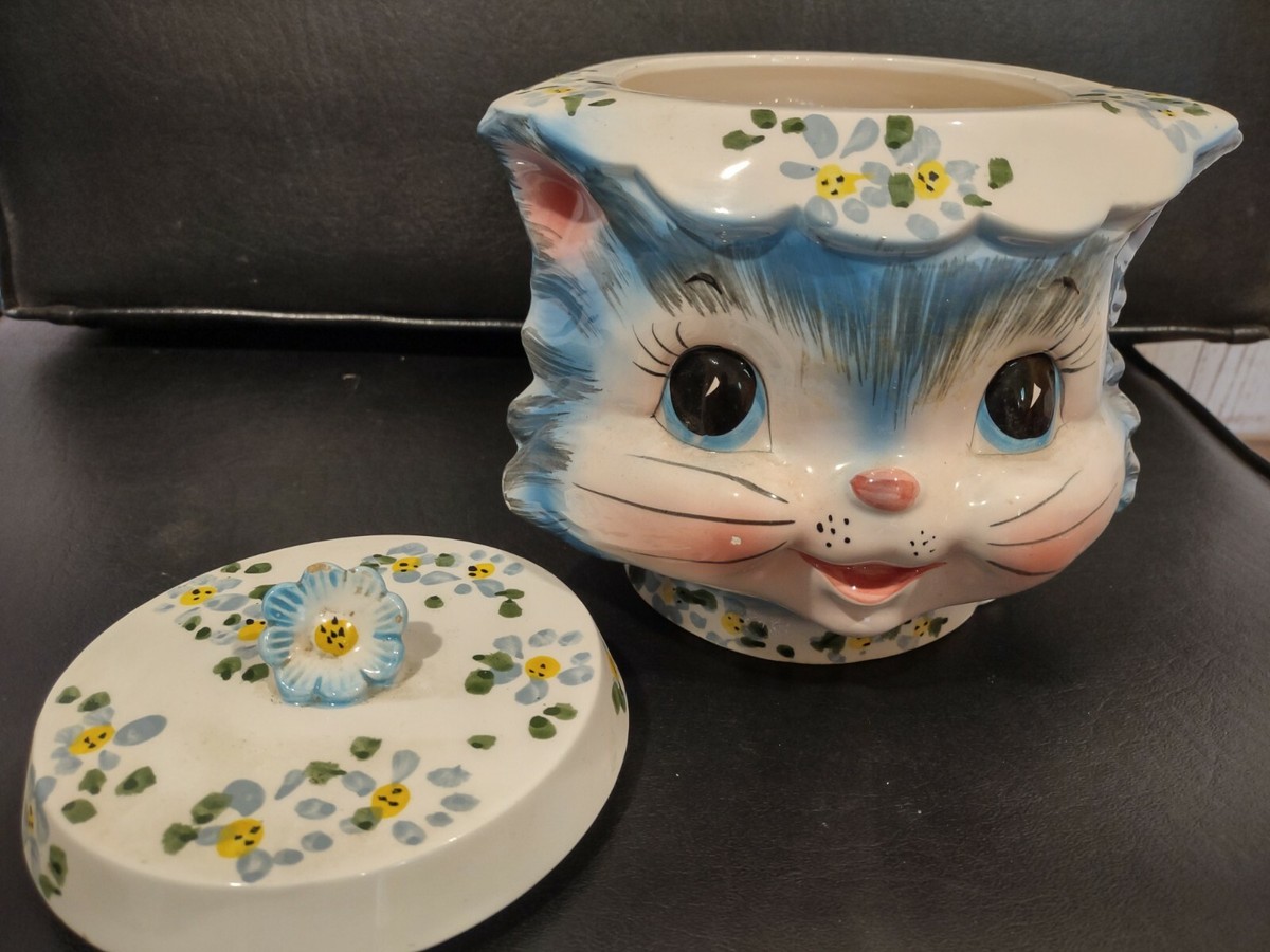 VINTAGE 1950's Miss Priss Blue Kitty Cat Ceramic Cookie Jar Lefton