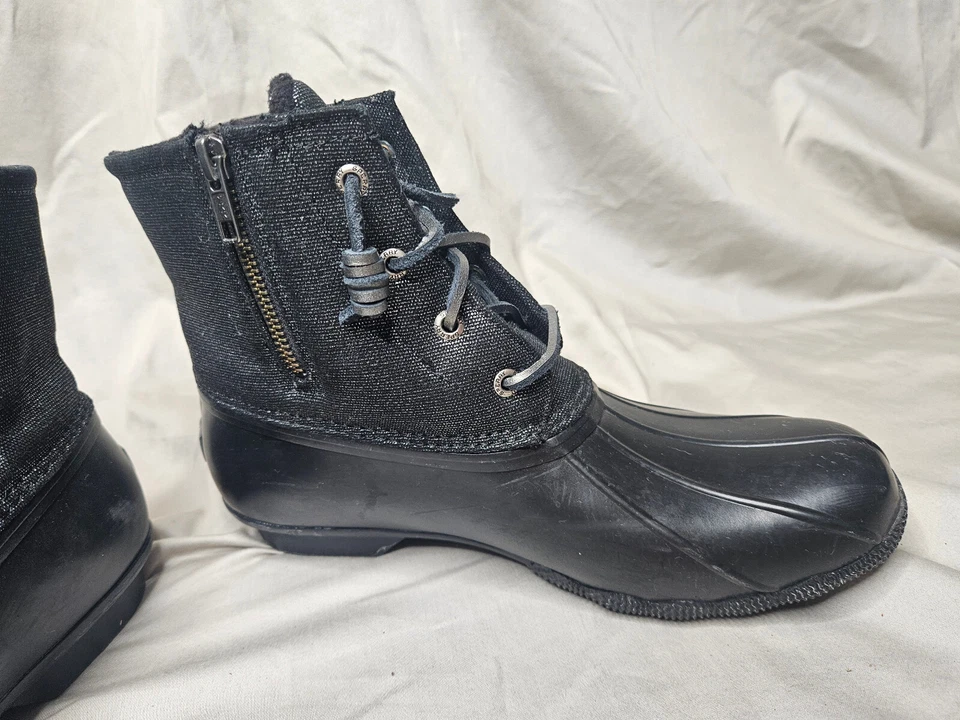 Botas Sperry Rain Duck para mujer talla 10 negras plateadas brillantes aisladas forradas de vellón Foto 3 de 4