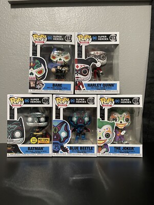 Funko Pop! Harley Quinn,Joker,Bane,Batman,& Blue Beetle Day Of The Dead! Set 5/6