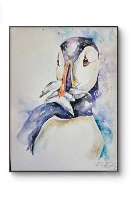 Original Papageientaucher Aquarell Gemälde signiert Elle Smith, Wildlife Art, DIN A3
