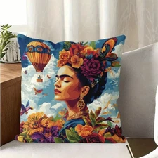 NEW Frida Kahlo Colorful Throw Pillow Cushion COVER ONLY Soft Printed 16” Square