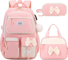 Backpack for Girls, Cute Bow School Bags for Kids with Lunch Bag  Pen Case, Boo