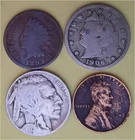 Lot of 4 Old Coins – 1 Indian Head Penny, 1 Lib V 5c, 1 Buffalo 5c & 1 Linc 1c