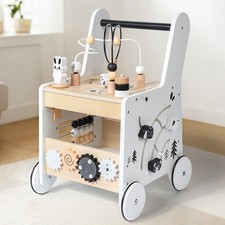 Wooden Baby Walker Walking Aid with Bead Maze Stable Structure for Kids with