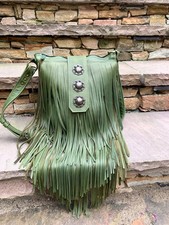 Green leather boho Southwest festival LONG fringe crossbody bag