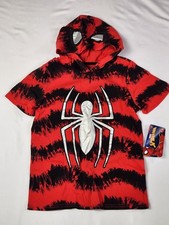 Spider-Man Marvel Boys 8 Red Black Tie-Dye Short Sleeve Hoodie Tee Mask Hood