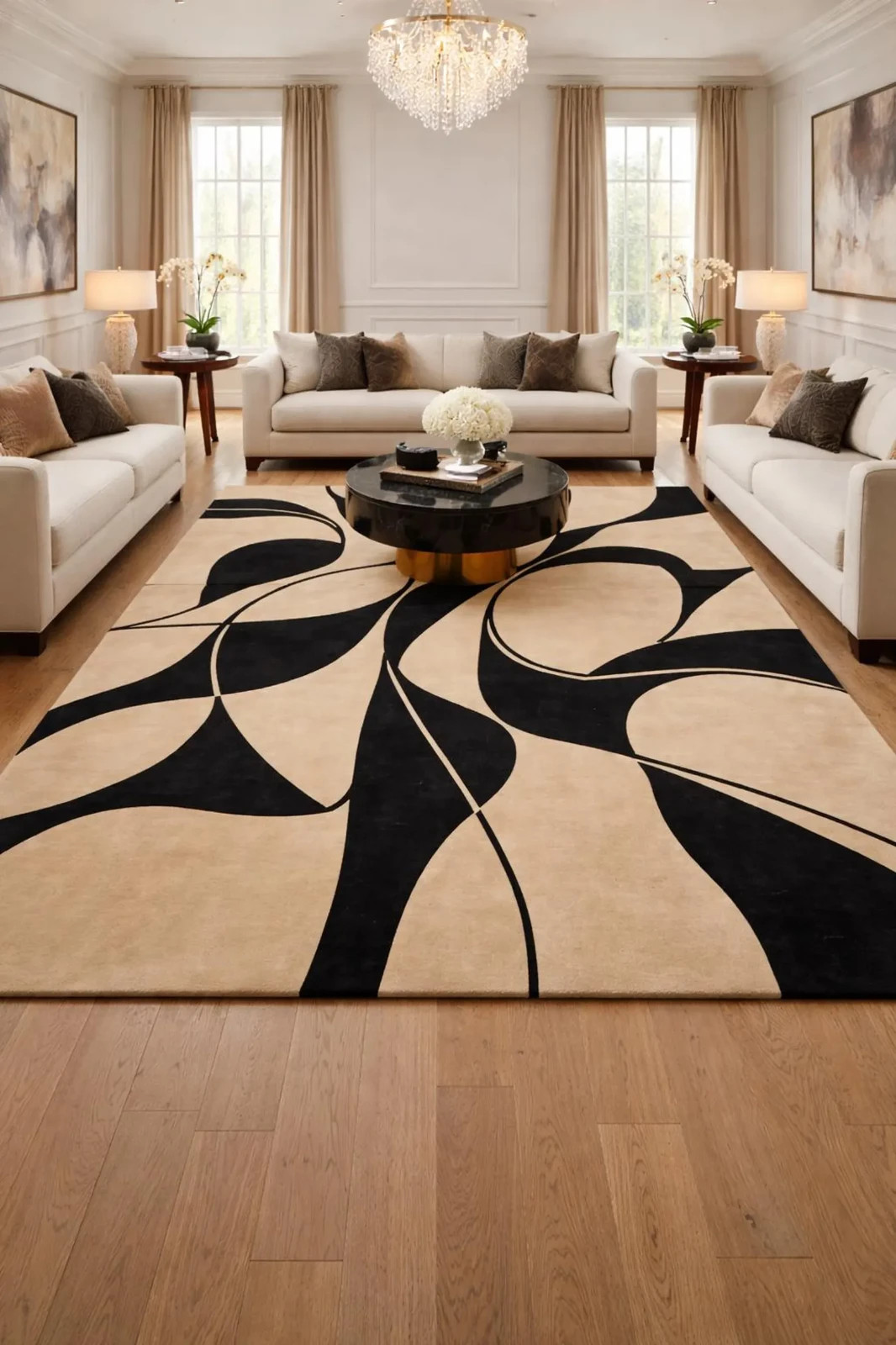 Abstract Beige & Black Area Rug – Luxury Living room ,Bedroom