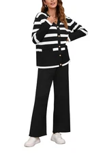 Viottiset Women's 2 Piece Outfits Stripe Sweatsuit Set Long Sleeve Button Swe...
