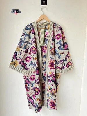 Handmad Beige Blumen Baumwolle Robe Kurz Bademode Kimono Nachtwäsche Nacht US - Bild 1 von 4