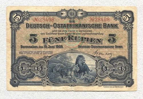 GERMAN EAST AFRICA 5 Rupien 1905 P1 VF