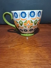 DeeCoo Large Ceramic Hand Painted Coffee Mug Large 15 oz. Lime Green Orange Blue