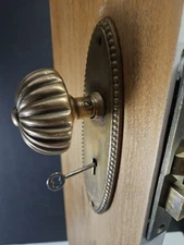 Antique Solid Brass Lockset With Floral Door Knobs Key Strike Plate Screws