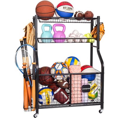 Sports Equipment Storage Organizer Rack with Rolling Wheels, Garage Ball Stor...
