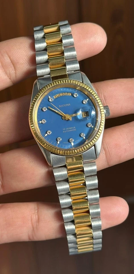 Редкие автоматические швейцарские часы Sicura с 17 камнями синий циферблат для мужчин - Изображение 4 из 4