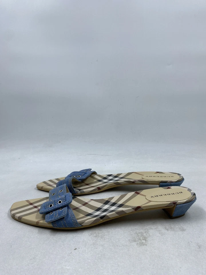 Burberry Check Beige Blue Leather Buckle Sandal W 9.5 - Image 3 of 4
