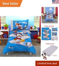 Mickey Mouse and Pals 4 Piece Toddler Bedding Set - Fitted Sheet, Pillow Case...
