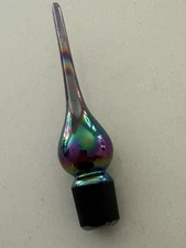 Iridescent Art Glass Perfume Bottle Teardrop Stopper 3.25" Long 0.5” Diameter