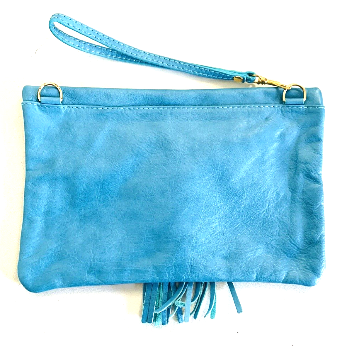 Woman Leather Purse Clutch Wrist Strap Zipper Tassels Aqua Made in