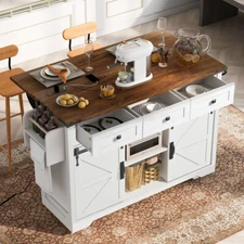 53.7" Farmhouse Kitchen Island with Power Outlet Kitchen Storage Island Cabinet