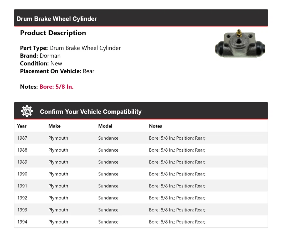 Задний цилиндр барабанного тормоза колеса для 1987-1994 Plymouth Sundance Dorman 1988 1989 - Изображение 2 из 3