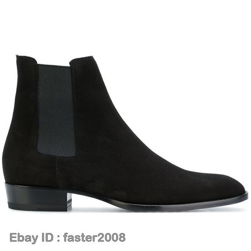 Pull on Mens Pointed Toe Chelsea Ankle Boots Block Heel Real Suede Leather Shoes - 第 2/27 張圖片