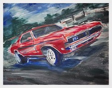1969 Mercury Cougar Original Painting Red American Muscle Race Car Classic Art