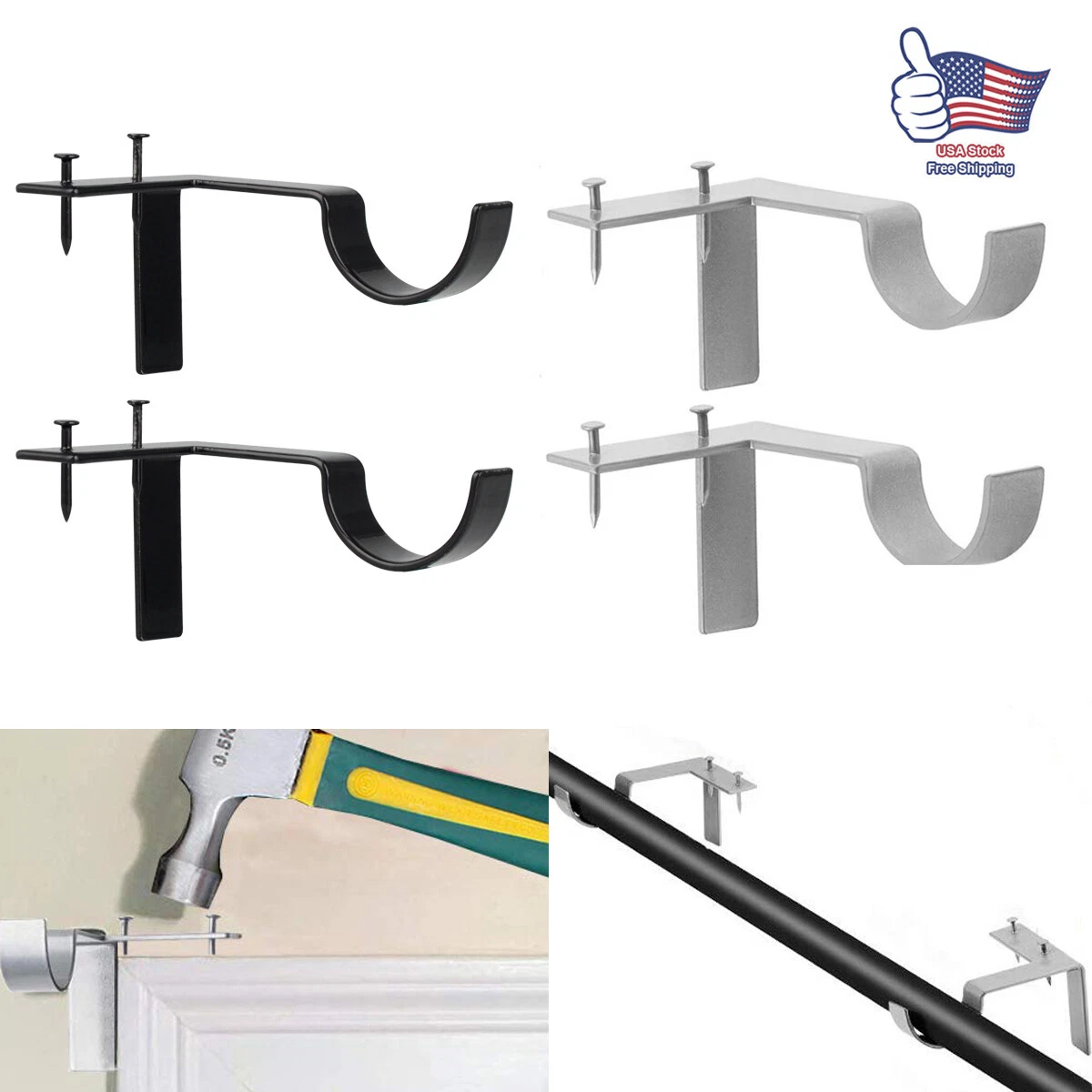 2pc Support Curtain Single Rod Kwik Hang Into Window Frame Bracket Home Decor