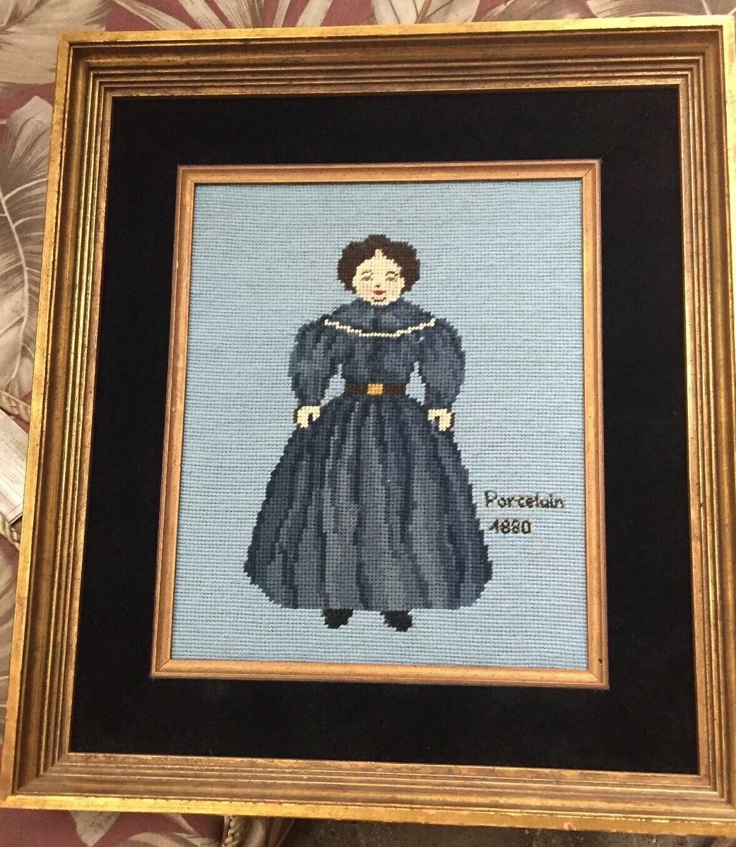 【antique doll】lithograph vintage Vintage Framed Needlepoint Victorian Doll 1880 Beautifully Framed