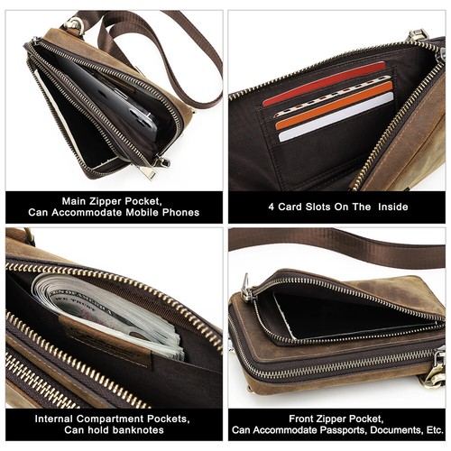 Men Genuine Leather Belt Bag Shoulder Bag Waist Fanny Pack Cell Phone Holster - Picture 7 of 13
