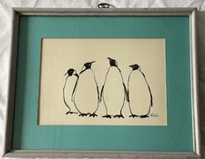 Vintage MARGARET CURTIS PENGUIN ART IBEX STUDIOS FRAMED & MATTED 14.75" X 11.75"