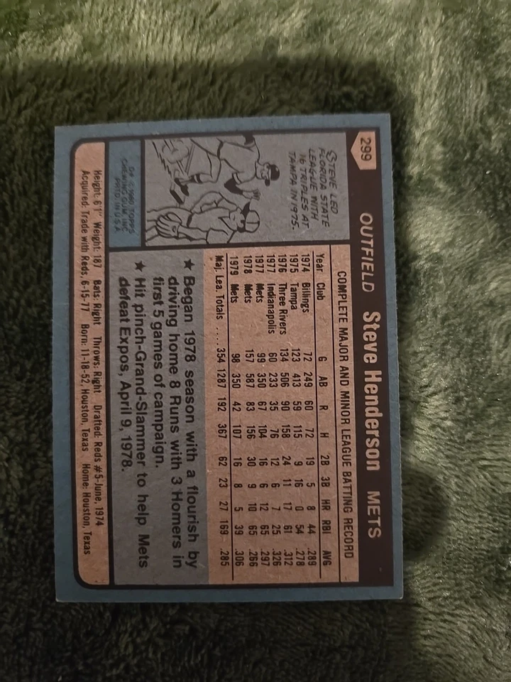 1980 Topps - Steve Henderson #299 - Image 2 of 2