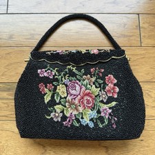 Vintage 1960 Black Beaded Petit Point Handbag Floral Embroidery Scallop Closure