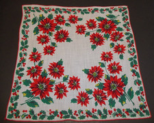 Vintage Boże Narodzenie Damska chusteczka Hanky Poinsettias Holly & Berries