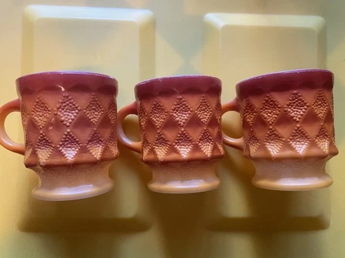 3 Vintage Anchor Hocking Fire King Kimberly Diamond Pattern Coffee Mug Orange.