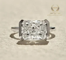 Solid 14K White Gold Moissanite Half Bezel Set Engagement Ring 2 CT Radiant Cut