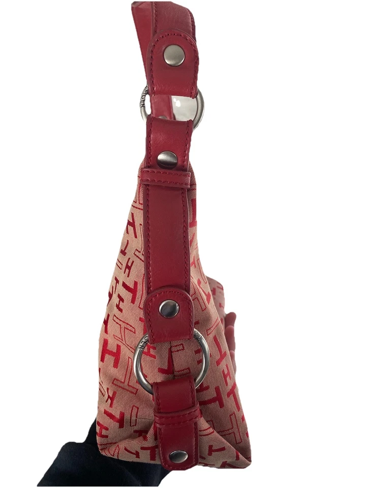 Bolsa/bolsa de ombro vintage Tommy Hilfiger logotipo vermelho couro/lona vermelha 9,5x3,5x7” - Imagem 3 de 4