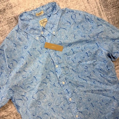 J Crew Shirt Men Large Blue Wave  Geometric Slub Cotton Button Down Beach Resort