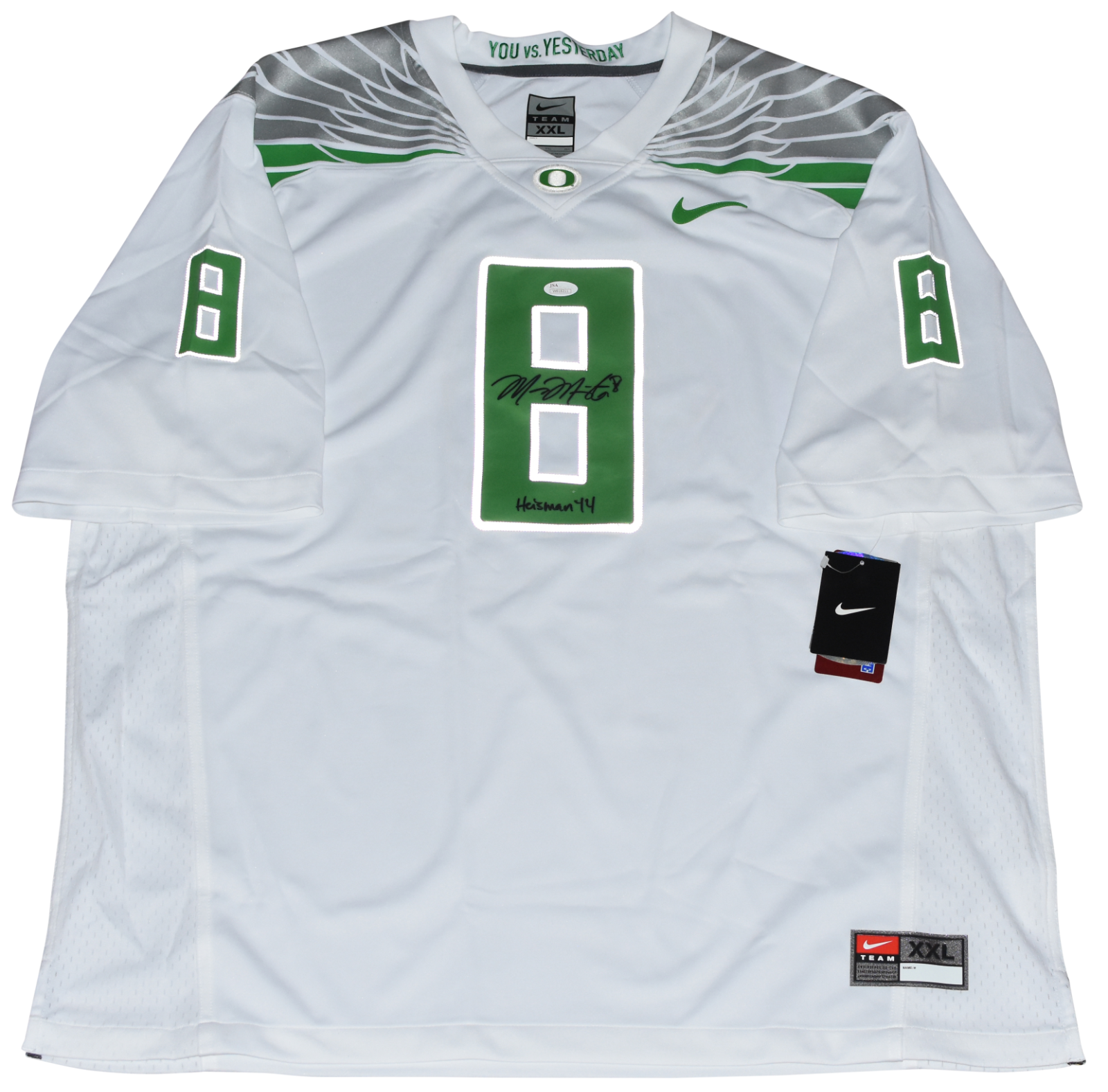 Marcus Mariota Autographed Signed Oregon Ducks #8 WHITE NIKE LIMITED JERSEY W/ HEISMAN 14 