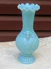 Antique Portieux Vallerysthal Blue Opaline  Glass Vase  Goat Heads France