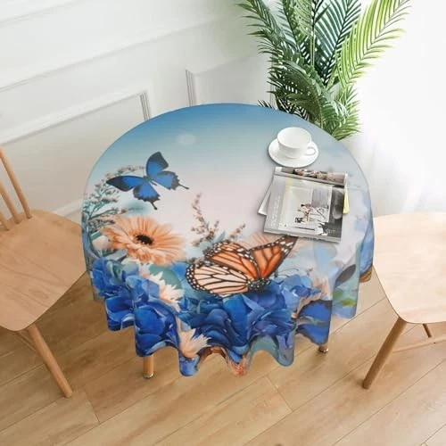 Floral Tablecloth Round 60 Inch Butterfly Flower Butterfly Spring Blue Flowers - Image 2 of 4