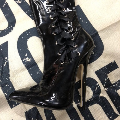 10 schwarze Lack Overknee Stiefel 6,5" Stilettoabsatz Schnürung kantig gewagt Fetisch - Bild 2 von 6